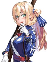 Rule 34 | 1girl, blonde hair, blue jacket, blush, bolt action, commentary request, from side, girls&#039; frontline, gloves, green eyes, gun, h kasei, hair between eyes, hair ornament, hand up, jacket, long hair, long sleeves, looking at viewer, m1903 springfield, name connection, neck ribbon, object namesake, open mouth, red ribbon, ribbon, rifle, sash, shirt, simple background, solo, springfield (girls&#039; frontline), weapon, white background, white gloves, white shirt