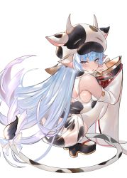Rule 34 | 1girl, absurdres, animal ears, animal print, ass, bare shoulders, bikini, blue hair, blush, breasts, catura (granblue fantasy), cleavage, cow ears, cow girl, cow hat, cow horns, cow print, cow tail, detached collar, detached sleeves, draph, ear piercing, granblue fantasy, highres, horns, jikatarou, large breasts, long hair, looking at viewer, looking back, piercing, pointy ears, see-through, short shorts, shorts, solo, squatting, swimsuit, tail, thighhighs, thighs, white bikini, white shorts, white thighhighs, wide sleeves