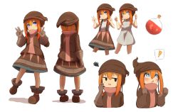 Rule 34 | !, &gt;:), + +, 1girl, absurdres, bare arms, bare shoulders, beanie, blush, boots, brown footwear, brown gloves, brown headwear, brown shirt, brown skirt, clenched hands, closed mouth, commentary request, cropped legs, cropped torso, double w, dress, elbow gloves, fang, flask, full body, gloves, grey dress, hair between eyes, hands up, hat, highres, idaten93, long hair, long sleeves, multiple views, nina alright, orange hair, original, parted lips, round-bottom flask, shadow, shirt, sidelocks, simple background, skirt, sleeveless, sleeveless dress, smile, spoken exclamation mark, squiggle, standing, standing on one leg, suspender skirt, suspenders, sweat, v-shaped eyebrows, w, wavy mouth, white background