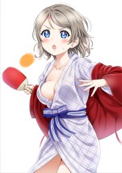 Rule 34 | 1girl, ball, blue eyes, blush, breasts, cleavage, collarbone, hair between eyes, highres, love live!, love live! sunshine!!, medium breasts, open mouth, paddle, robe, sankuro (agoitei), sash, short hair, simple background, solo, sweatdrop, table tennis ball, table tennis paddle, watanabe you, white background