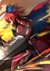 Rule 34 | 1girl, alternate costume, armor, blue bow, bow, cape, commentary request, hair bow, highres, kanisawa yuuki, lance, motion blur, polearm, red eyes, red hair, sekibanki, shield, short hair, shoulder armor, solo, torn cape, torn clothes, touhou, weapon