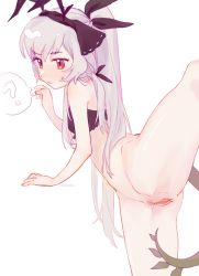 Rule 34 | 1girl, ?, absurdres, arknights, bare arms, bikini, bikini top only, black bikini, black headwear, black ribbon, bottomless, breasts, chinese commentary, closed mouth, commentary request, frilled bikini, frills, grey hair, hair ribbon, headdress, highres, kemono (fukanasumi), leg up, long hair, ponytail, pussy, red eyes, ribbon, simple background, small breasts, solo, split, spoken question mark, standing, standing on one leg, standing split, sweatdrop, swimsuit, tail, uncensored, weedy (arknights), white background