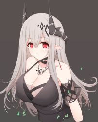 Rule 34 | 1girl, :&lt;, arknights, black shirt, blouse, breasts, cleavage, cropped arms, cropped torso, demon horns, ear piercing, grey background, grey hair, hair between eyes, highres, horns, jewelry, large breasts, light blush, long hair, mudrock (arknights), mudrock (obsidian) (arknights), necklace, piercing, pointy ears, red eyes, risshu, shirt, simple background, solo, spaghetti strap, upper body
