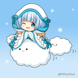 Rule 34 | 1girl, :3, ;d, blue background, blue eyes, blue hair, blush, closed mouth, cloud, commentary request, flower knight girl, hatsuyukisou (flower knight girl), hood, hood up, japanese clothes, kimono, long sleeves, looking at viewer, mitya, one eye closed, open mouth, shide, sleeves past fingers, sleeves past wrists, smile, snowflake background, solid circle eyes, solo, twitter username, white kimono