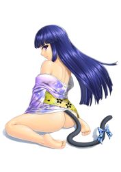 Rule 34 | 1girl, 210ten, ass, back, bare shoulders, barefoot, blue hair, blunt bangs, bow, cat tail, feet, frederica bernkastel, from behind, full body, japanese clothes, kimono, kimono pull, light smile, long hair, looking at viewer, looking back, no naku koro ni (series), no panties, plantar flexion, purple eyes, ribbon, ryuukishi07, seiza, simple background, sitting, soles, solo, tail, tail ornament, tail ribbon, toes, umineko no naku koro ni, undressing, white background