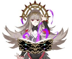 Rule 34 | 1girl, book, closed mouth, crown, fire emblem, fire emblem heroes, grey hair, hair ornament, long hair, nakuta, nintendo, open book, red eyes, simple background, solo, upper body, veronica (fire emblem), white background
