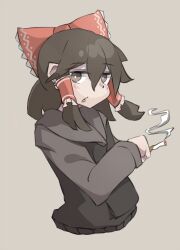 Rule 34 | 1girl, black hair, blush, bow, bright pupils, brown eyes, cigarette, commentary, cookie (touhou), cropped torso, earrings, expressionless, frilled bow, frilled hair tubes, frills, grey background, grey hoodie, hair between eyes, hair bow, hair tubes, hakurei reimu, holding, holding cigarette, hood, hoodie, jewelry, looking at viewer, maru (cookie), medium hair, nnuesuki, open mouth, red bow, sidelocks, simple background, smoke, solo, stud earrings, touhou, upper body, white pupils