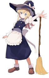 Rule 34 | 1girl, apron, black hat, black skirt, black vest, blonde hair, blue eyes, blush, bow, broom, brown footwear, closed mouth, commentary request, frilled apron, frills, hair between eyes, hat, hat bow, highres, juliet sleeves, kirisame marisa, long hair, long sleeves, mieharu, outstretched arm, puffy sleeves, shirt, shoes, skirt, smile, solo, touhou, vest, white apron, white bow, white shirt, witch hat
