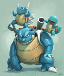 Rule 34 | :d, ^ ^, blastoise, blue theme, brown eyes, claws, closed eyes, commentary, creature, creatures (company), english commentary, evolutionary line, closed eyes, full body, game freak, gen 1 pokemon, highres, mcgmark, nintendo, no humans, open mouth, pokemon, pokemon (creature), shadow, shell, signature, simple background, smile, squirtle, standing, wartortle