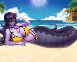 Rule 34 | 1girl, adjusting eyewear, artist name, beach, black-framed eyewear, black hair, bracelet, breasts, choker, cleavage, collarbone, colored skin, colored tongue, day, flower, forked tongue, hair flower, hair ornament, huge breasts, indie virtual youtuber, jewelry, lamia, long hair, long tongue, looking at viewer, lying, meltyvixen, monster girl, navel, ocean, on side, open mouth, outdoors, palm tree, pubic tattoo, purple skin, purple tongue, smile, solo, sunglasses, tattoo, teeth, tongue, tongue out, tree, upper teeth only, vexoria the sun eater, virtual youtuber, wavy hair, yellow eyes
