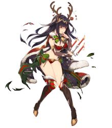 Rule 34 | 1girl, animal ears, antlers, bell, black eyes, black hair, black nails, boots, bow, breasts, candelabra, candle, candlestand, cape, christmas, cleavage, collar, female focus, fire, fire emblem, fire emblem heroes, full body, fur trim, gift, green bow, highres, hime cut, horns, long hair, looking at viewer, matching hair/eyes, medium breasts, midriff, mistletoe, nail polish, navel, neck bell, nintendo, official art, red cape, reindeer antlers, smile, solo, standing, tharja (fire emblem), thigh boots, thighhighs, torn cape, torn clothes, torn thigh boots, torn thighhighs, transparent background, two side up, washimoto9, washimoto (artist)
