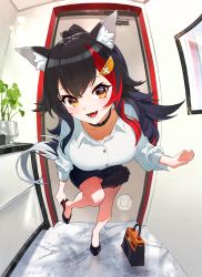 Rule 34 | 1girl, animal ears, bad kim, bare legs, black hair, breasts, choker, collarbone, distortion, door, dress, fang, fisheye, hallway, highres, hololive, indoors, large breasts, long hair, looking at viewer, multicolored hair, ookami mio, open mouth, plant, puffy sleeves, shirt, smile, solo, strapless, strapless dress, streaked hair, tail, tube dress, virtual youtuber, wolf ears, wolf girl, wolf tail, yellow eyes