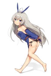 Rule 34 | 1girl, animal ears, ass, bad id, bad twitter id, bare legs, bare shoulders, barefoot, belt, black panties, blue dress, blue eyes, blush, breasts, copyright request, detached sleeves, dress, from side, full body, grey hair, highres, inactive account, little mare, long hair, long sleeves, looking at viewer, no bra, panties, pout, rabbit ears, short dress, side-tie panties, simple background, small breasts, solo, standing, standing on one leg, underwear, very long hair, walking, white background