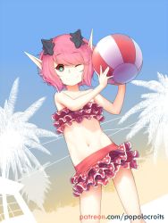 Rule 34 | 1girl, ball, beachball, bikini, closed mouth, commentary request, frilled bikini, frills, highres, navel, one eye closed, original, palm tree, patreon username, pointy ears, popolocroits, red bikini, red hair, short hair, smile, solo, spanish commentary, stomach, swimsuit, tree