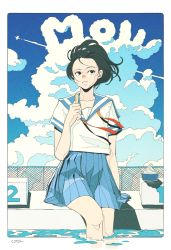 Rule 34 | 1girl, aircraft, airplane, black eyes, black hair, blue sailor collar, blue skirt, blue sky, border, cloud, cloudy sky, commentary request, contrail, cotoh tsumi, day, expressionless, feet out of frame, fence, flat color, food, frown, highres, holding, ice cream, original, outdoors, outside border, partially submerged, pleated skirt, pool, popsicle stick, red neckwear, sailor collar, school uniform, serafuku, shirt, short sleeves, signature, sitting, skirt, sky, solo, white border, white shirt