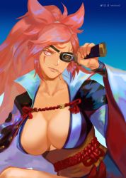 Rule 34 | 1girl, amputee, baiken, big hair, black jacket, black kimono, blue background, breasts, cleavage, commentary request, eyepatch, facial tattoo, gradient background, guilty gear, hand on hilt, highres, jacket, jacket on shoulders, japanese clothes, kataginu, katana, kimono, large breasts, long hair, multicolored clothes, multicolored kimono, nextoad, no bra, obi, one-eyed, open clothes, open kimono, ponytail, popped collar, red eyes, rope, rope belt, samurai, sash, scar, scar across eye, scar on face, shimenawa, simple background, solo, sword, tattoo, weapon, white kimono