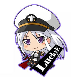 Rule 34 | 1girl, azur lane, be (o-hoho), black thighhighs, bow (weapon), chibi, coat, enterprise (azur lane), hat, holding, long hair, looking at viewer, necktie, peaked cap, pleated skirt, purple eyes, silver hair, simple background, skirt, smile, solo, thighhighs, weapon, white background, zettai ryouiki