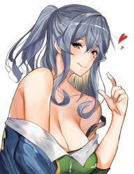 Rule 34 | 1girl, alternate breast size, alternate costume, bad id, bad twitter id, blue eyes, blue hair, blush, breasts, cleavage, gotland (kancolle), grin, hair between eyes, hand up, heart, highres, inusaka, jacket, kantai collection, long hair, looking at viewer, mole, mole under eye, off shoulder, ponytail, simple background, smile, solo, tareme, white background