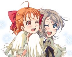 Rule 34 | 2girls, ;d, ahoge, blue eyes, blush, bow, capelet, frilled capelet, frills, grey hair, hair bow, half updo, hand on another&#039;s shoulder, highres, love live!, love live! sunshine!!, multiple girls, one eye closed, open mouth, orange hair, red bow, red eyes, ribbon, rippe, short hair, smile, snowflake background, takami chika, upper body, watanabe you