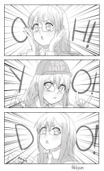 Rule 34 | 10s, 1girl, 3koma, \m/, artist name, blush, clothes writing, comic, double \m/, female focus, fikkyun, glasses, greyscale, hairband, hat, highres, kantai collection, long hair, looking at viewer, meme, monochrome, ooyodo (kancolle), open mouth, semi-rimless eyewear, simple background, solo, upper body