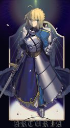 Rule 34 | 1girl, ahoge, armor, armored dress, artoria pendragon (fate), blonde hair, blue dress, blue eyes, bright pupils, dress, excalibur (fate/stay night), fate/stay night, fate (series), full body, highres, holding, holding sword, holding weapon, lanzi (415460661), saber (fate), smile, solo, standing, sword, weapon, white pupils