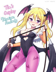 Rule 34 | 1girl, animal print, bare shoulders, bat print, blonde hair, blush, breasts, bridal gauntlets, cleavage, cosplay, demon girl, demon wings, female focus, head wings, large breasts, leotard, long hair, looking at viewer, mauve, morrigan aensland, morrigan aensland (cosplay), open mouth, pantyhose, pointy ears, potion maker, print pantyhose, purple eyes, simple background, solo, tia (potion maker), twintails, vampire (game), whip, white background, wings