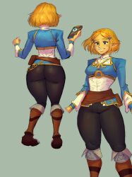 Rule 34 | absurdres, alternate hairstyle, ass, belt pouch, black pants, blonde hair, blue shirt, blue vest, boots, braid, corset, cowboy shot, cropped arms, crown braid, forehead, full body, green eyes, hair ornament, hairclip, highres, holding, juliet sleeves, leather, leather boots, long sleeves, multiple views, nintendo, official alternate hair length, official alternate hairstyle, pants, pill6w, pointy ears, pouch, princess zelda, puffy sleeves, sheikah slate, shirt, short hair, simple background, smile, standing, the legend of zelda, the legend of zelda: breath of the wild, the legend of zelda: tears of the kingdom, thighs, triforce, triforce print, vest