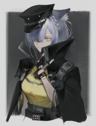 Rule 34 | 1girl, :|, aiguillette, animal ears, arknights, arm at side, black background, black gloves, black hat, black jacket, black skirt, border, bracelet, breasts, cat ears, cat girl, closed mouth, collared jacket, cropped torso, delphine (arknights), expressionless, fingerless gloves, gloves, grey hair, hair over one eye, hand on own chest, hat, high-waist skirt, highres, jacket, jewelry, large breasts, looking at viewer, medium hair, one eye covered, open clothes, open jacket, outside border, parted bangs, peaked cap, shirt, shirt tucked in, simple background, skirt, solo, tented shirt, tsuji yashiki, twitter username, white border, yellow eyes, yellow shirt