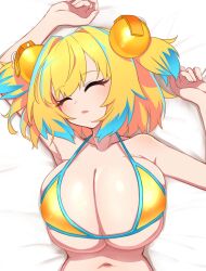 Rule 34 | + +, 1girl, bare shoulders, blonde hair, blue hair, blush, bombergirl, breasts, chawan (yultutari), cleavage, closed eyes, collarbone, grenade hair ornament, highres, huge breasts, lying, multicolored hair, navel, on back, open mouth, pine (bombergirl), short hair, sleeping, solo, two-tone hair, yellow pupils
