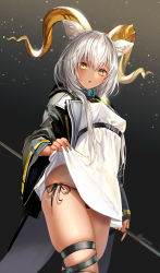 Rule 34 | 1girl, :o, absurdres, animal ear fluff, animal ears, arknights, beeswax (arknights), black jacket, black panties, blush, breasts, clothes lift, dark-skinned female, dark skin, dress, dress lift, highres, holding, horns, infection monitor (arknights), jacket, long sleeves, open mouth, panties, pottsness, short hair with long locks, side-tie panties, simple background, skindentation, small breasts, solo, thigh strap, twitter username, underwear, wavy mouth, white dress, white hair, yellow eyes