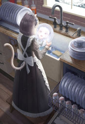 Rule 34 | 1girl, absurdres, animal ears, apron, black hair, blush, cat ears, cat tail, dishes, dishwashing, fang, from behind, highres, indoors, kitchen, maid, maid apron, maid headdress, medium hair, open mouth, original, plate, reflection, saucer, silvertsuki, solo, standing, tail