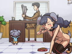 Rule 34 | 10s, 1boy, 1girl, age difference, animal ears, bdsm, black hair, blue eyes, blush stickers, bowl, braid, breasts, closed eyes, clothed male nude female, clothed pokemon, collar, creatures (company), desk, emma (pokemon), espurr, fake animal ears, flower pot, game freak, gen 6 pokemon, habatakuhituji, leash, long hair, looker (pokemon), mary janes, miniskirt, navel, newspaper, nintendo, nipples, nude, open mouth, paw pose, pet bowl, pet food, pet play, plant, pleated skirt, pokemon, pokemon (creature), pokemon xy, potted plant, purple eyes, reading, role reversal, shoes, sitting, skirt, small breasts, smile, thighhighs, tile floor, tiles, translated