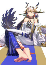 Rule 34 | 1girl, arknights, bare shoulders, barefoot, blonde hair, blue eyes, blue hair, breasts, clothing request, dragon girl, dragon horns, dragon tail, dress, earrings, expressionless, feet, foot focus, foreshortening, gloves, highres, horns, jewelry, jewelry request, light blush, long bangs, long tail, looking at viewer, multicolored hair, on floor, pointy ears, shu (arknights), small breasts, soles, solo, striped clothes, tail, tiptoes, toenails, toes, white background, white dress, white hair, yamauchi (conan-comy)