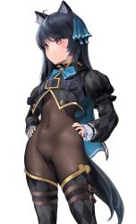 Rule 34 | 1girl, animal ear fluff, animal ears, belt, belt buckle, black belt, black footwear, black hair, black jacket, bodystocking, boots, breasts, buckle, cape, cat ears, cat girl, chest belt, commentary request, covered navel, cropped jacket, gradient eyes, groin, hair ribbon, hands on own hips, highres, jacket, long hair, long sleeves, looking ahead, multicolored eyes, original, purple eyes, ribbon, simple background, sleeves past wrists, small breasts, smile, solo, svartlilja (vrchat), thigh boots, very long hair, vrchat, wa (genryusui), white background