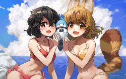 Rule 34 | 2girls, :d, animal ears, bikini, black hair, blonde hair, blush, breasts, brown eyes, brown hair, cheek-to-cheek, cheek press, cleavage, collarbone, commentary request, commission, day, extra ears, floating hair, hair between eyes, heads together, highres, horizon, kaban (kemono friends), kemono friends, leaning to the side, looking at viewer, lucky beast (kemono friends), medium breasts, medium hair, melaton, multicolored hair, multiple girls, navel, ocean, open mouth, orange eyes, outdoors, red bikini, serval (kemono friends), skeb commission, sky, smile, stomach, swimsuit, tail, two-tone hair, water