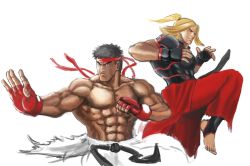 Rule 34 | 2boys, abs, alternate hairstyle, black hair, blonde hair, clothes around waist, clothes lift, collage, eyebrows, fingerless gloves, gloves, headband, horoko, ken masters, kneeing, male focus, multiple boys, muscular, pectorals, ryu (street fighter), shirt, shirt lift, short ponytail, simple background, street fighter, street fighter v, t-shirt, thick eyebrows, toeless legwear, toes