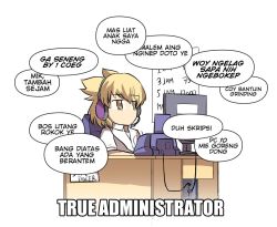 Rule 34 | 1girl, brown eyes, commentary, computer, contemporary, dress shirt, headphones, hisuikouha, indonesian text, light brown hair, no mouth, no nose, pointy hair, printer, shirt, short hair, sitting, solo, speech bubble, table, too literal, touhou, toyosatomimi no miko, translation request, white shirt