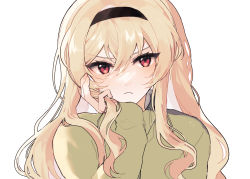 Rule 34 | 1girl, black hairband, blonde hair, bn (b32607), closed mouth, commentary, fingernails, frown, hair between eyes, hairband, hand on own chin, hand up, head rest, highres, light particles, long hair, long sleeves, looking at viewer, pink eyes, saijou claudine, shoujo kageki revue starlight, sidelocks, simple background, sleeves past wrists, solo, sweater, turtleneck, turtleneck sweater, upper body, v-shaped eyebrows, wavy hair, white background, yellow sweater