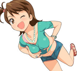 Rule 34 | 1girl, ;d, a1 (initial-g), blush, bracelet, breast hold, breasts, breasts squeezed together, brown eyes, brown hair, denim, denim shorts, flipped hair, futami ami, idolmaster, idolmaster (classic), jewelry, midriff, navel, necklace, one eye closed, open mouth, ring, sandals, short hair, short shorts, shorts, simple background, small breasts, smile, solo, unbuttoned, wink