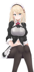 Rule 34 | 1girl, absurdres, apron, black pantyhose, black shirt, black skirt, blonde hair, blouse, blue eyes, blurry, blush, braid, braided bangs, breasts, center opening, collared shirt, commentary request, depth of field, feet out of frame, frilled skirt, frills, g36 (girls&#039; frontline), g36 (mod3) (girls&#039; frontline), girls&#039; frontline, glasses, highres, jitome, knees together feet apart, long hair, long sleeves, looking at viewer, maid apron, maid headdress, medium breasts, miniskirt, mod3 (girls&#039; frontline), navel, neck ribbon, pantyhose, parted lips, red ribbon, ribbon, round eyewear, ru zhai, shirt, sitting, skirt, solo, stomach, v-shaped eyebrows, white apron