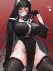 Rule 34 | 1girl, black dress, black gloves, black hair, black thighhighs, blue archive, breasts, covered erect nipples, covered navel, cowboy shot, dress, gloves, groin, hand up, hasumi (blue archive), highres, impossible clothes, impossible dress, large breasts, long hair, long sleeves, looking at viewer, no bra, no panties, nun, pelvic curtain, red eyes, sabi (ghke4333), skindentation, smile, solo, spread legs, thighhighs, thighs, veil, very long hair