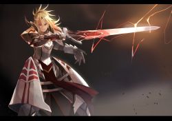 Rule 34 | armor, bad id, bad twitter id, blonde hair, clarent (fate), copyright name, fate/apocrypha, fate/grand order, fate (series), faulds, green eyes, holding, holding sword, holding weapon, letterboxed, long hair, mordred (fate), mordred (fate/apocrypha), pauldrons, ponytail, shoulder armor, smile, solo, standing, sword, weapon