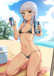 Rule 34 | 1girl, absurdres, bad id, bad pixiv id, barefoot, beach, bikini, black bikini, blue eyes, blue hair, blue sky, blunt bangs, can, cloud, collarbone, cooler, day, drink can, foreshortening, full body, hatsukaze (kancolle), highres, kantai collection, kneeling, looking at viewer, navel, osananajimi neko, outdoors, shade, sky, soda can, solo, swimsuit