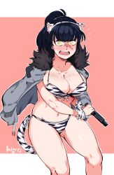 1girl absurdres animal_ear_fluff animal_ears animal_print antares_topaz antenna_hair arm_under_breasts bare_legs bikini black_fur black_hair blush body_freckles border breasts cat_ears cleavage collarbone detailed_knuckles embarrassed fake_animal_ears fake_tail freckles fur-trimmed_jacket fur_trim grey_jacket gun handgun highres holding holding_gun holding_weapon huge_breasts jacket jacket_on_shoulders jet_(star_linker) linea_alba long_bangs long_hair looking_at_viewer messy_hair midriff navel open_mouth outline pale_skin patch ponytail scar scar_on_face scar_on_nose shiny_skin shoulder_patch sideboob signature solo star_(symbol) star_linker striped_bikini striped_clothes swimsuit tail teeth thick_thighs thighs tiger_print tiger_tail tongue two-tone_background upper_teeth_only weapon white_bikini white_border white_outline yellow_eyes