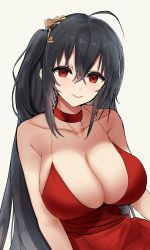 Rule 34 | 1girl, ahoge, azur lane, bad id, bad pixiv id, bare shoulders, black hair, blush, breasts, choker, cleavage, closed mouth, cocktail dress, collarbone, dress, grey background, hair between eyes, highres, large breasts, long hair, looking at viewer, lumda, official alternate costume, one side up, red choker, red dress, red eyes, simple background, sleeveless, sleeveless dress, smile, solo, straight hair, taihou (azur lane), taihou (forbidden feast) (azur lane), upper body, very long hair