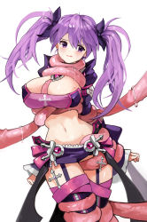 Rule 34 | 1girl, absurdres, aisha landar, blush, breasts, elsword, highres, large breasts, long hair, navel, open mouth, purple eyes, purple hair, purple skirt, restrained, saliva, simple background, skirt, smile, solo, sora zz6, tearing up, tentacle grab, thighhighs, twintails, void princess (elsword), white background