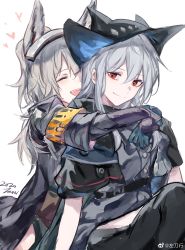 Rule 34 | 2020, 2girls, absurdres, arknights, armband, ascot, black jacket, chinese commentary, closed eyes, gloves, grani (arknights), grey hair, hat, heart, highres, hug, hug from behind, jacket, knee up, long hair, looking at viewer, multiple girls, open mouth, red eyes, simple background, sitting, skadi (arknights), sketch, smile, visor, visor lift, weibo watermark, white background, yuri, zuo daoxing