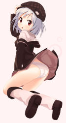 Rule 34 | 1girl, ass, blue hair, blush, boots, clothes lift, dress, dress lift, gogo shichiji, hand on headwear, hat, highres, looking back, open mouth, original, panties, red eyes, sawada yuusuke, short hair, solo, underwear, white panties, wind, wind lift