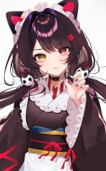 Rule 34 | 1girl, absurdres, animal ears, black collar, blue nails, brown hair, brown kimono, closed mouth, collar, fang, fingernails, flower, hair flower, hair ornament, hand up, heterochromia, highres, inui toko, japanese clothes, kimono, long hair, long sleeves, looking at viewer, low twintails, maid headdress, nail polish, nijisanji, obi, obiage, obijime, red eyes, red flower, red ribbon, ribbon, sash, solo, swept bangs, twintails, upper body, virtual youtuber, wide sleeves, xiaoyu chiaki, yellow eyes