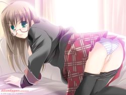 Rule 34 | 00s, 1girl, 2006, ahoge, all fours, artist name, ass, black pantyhose, blazer, blue panties, blush, breasts, brown hair, clothes pull, clothing aside, couch, galge.com, game cg, glasses, green eyes, jacket, large breasts, long hair, looking at viewer, looking back, miniskirt, open clothes, open mouth, open shirt, panties, panties aside, pantyhose, pantyhose pull, plaid, plaid skirt, pleated skirt, pussy, school uniform, shirt, sideboob, skirt, solo, striped clothes, striped panties, trefoil, uncensored, underwear, watermark, yukirin